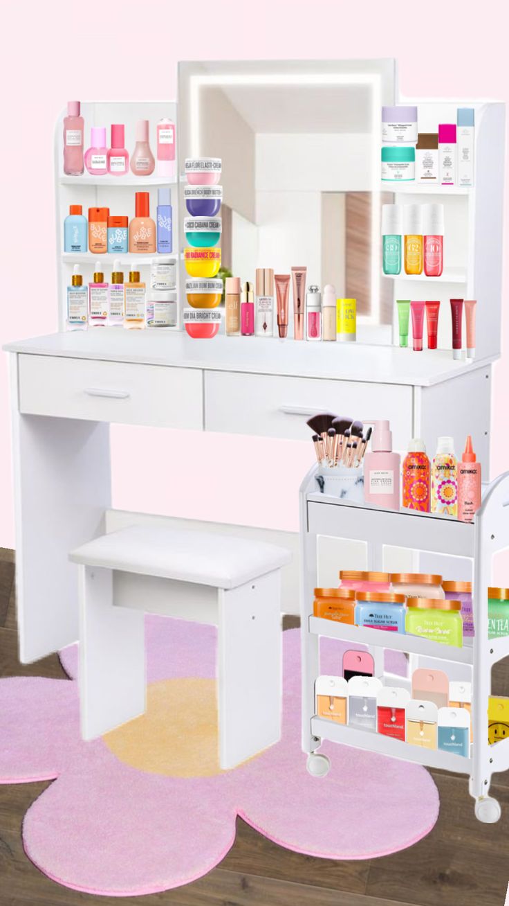 a white vanity table with drawers and shelves filled with cosmetics on top of pink rugs