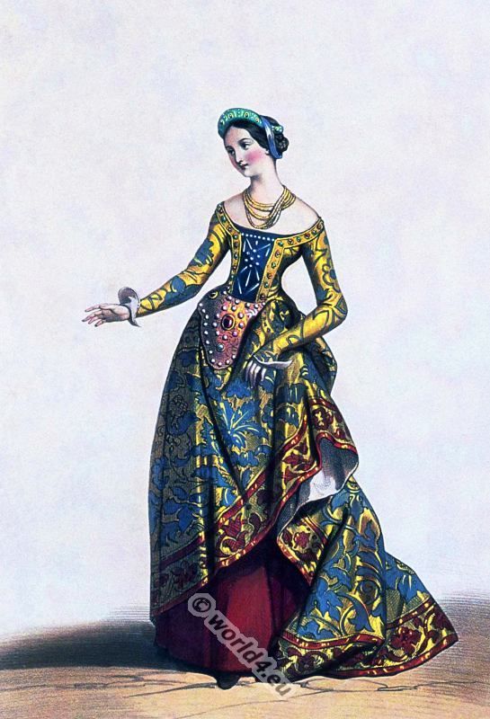 French Lady in the time of Charles VII. (1403-1461). 1400s Fashion, 15th Century Fashion, Burgundy Fashion, Historic Fashion, Medieval Costume, Middle Age Fashion, History Of Fashion, Century Clothing, Medieval Clothing