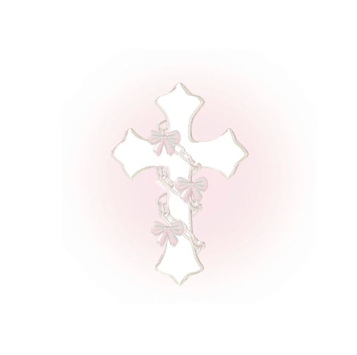 a white cross with pink bows on the front and back of it, against a light pink background