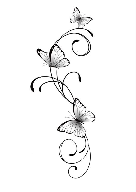 a black and white drawing of two butterflies on a vine with swirly vines around it