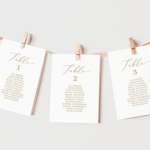 wedding seating chart hanging on clothes pins with gold foil lettering and wooden clippings