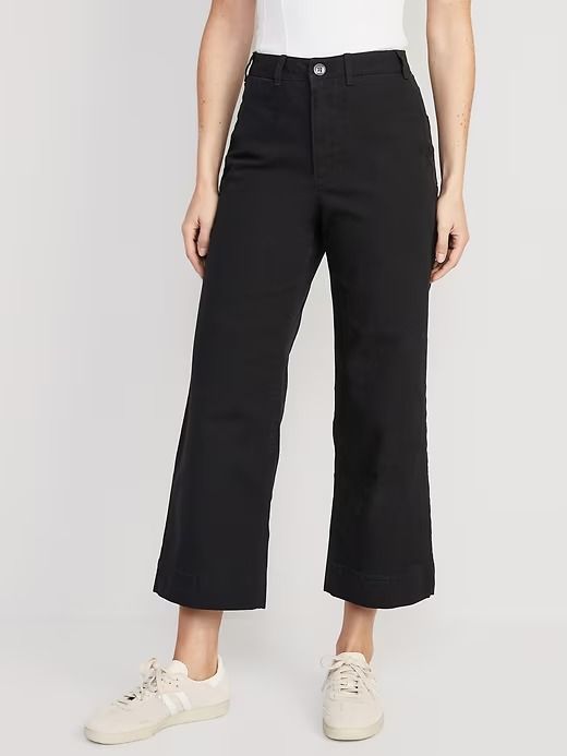 High-Waisted Wide-Leg Cropped Chino Pants | Old Navy Black Jeans With Patch Pockets For Work, High Rise Wide Leg Pants For Work With Pockets, High Rise Wide Leg Pants With Pockets For Work, High Rise Wide Leg Pants For Workwear, Black Workwear Bottoms With Patch Pockets, Classic Black Bottoms With Patch Pockets, Wide-leg Cargo Pants For Work With Hip Pockets, Classic High Waist Bottoms With Patch Pockets, Classic High-waist Bottoms With Patch Pockets