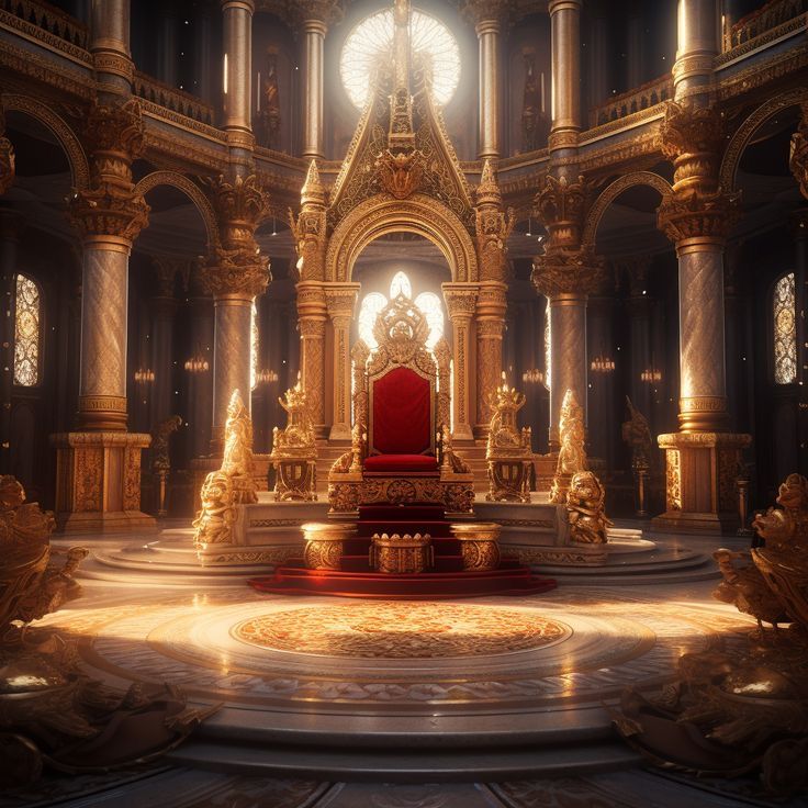 the throne is surrounded by golden pillars and ornate columns, with bright lights coming from behind it