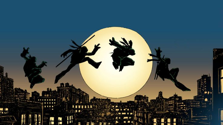 the silhouettes of three people flying in front of a full moon and cityscape