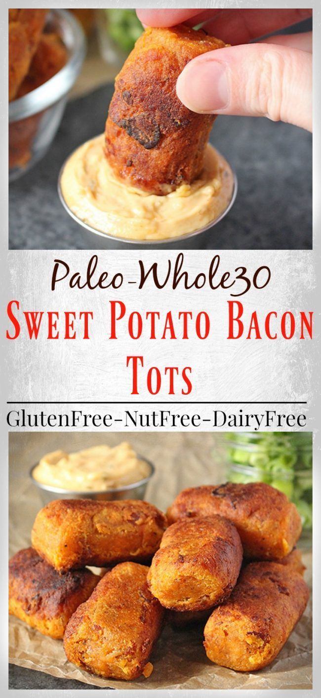 sweet potato bacon tots with the title text overlay reads palen - whleso sweet potato bacon tots