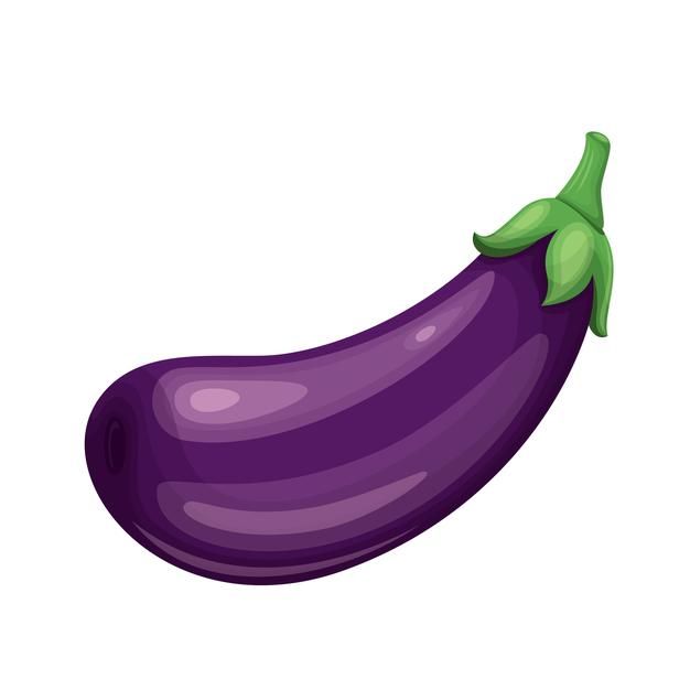 a purple eggplant with green leaves on the top, isolated on a white background