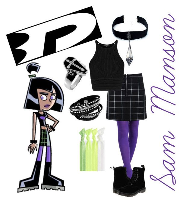 an image of a woman in black and white clothes with purple tights, boots and accessories