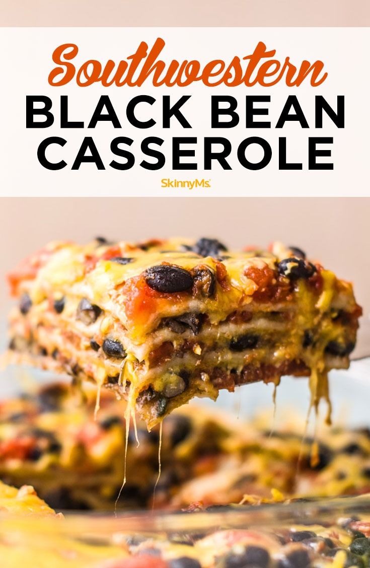 southern black bean casserole on a white plate with text overlay that reads, southern black bean casserole