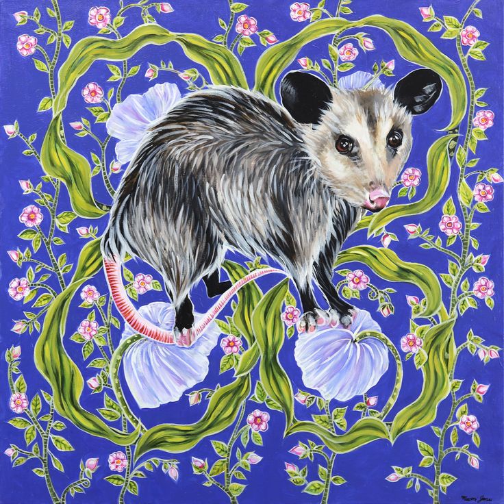 an animal painted on a blue background with flowers