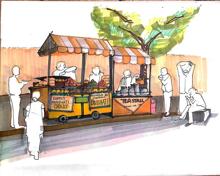 a drawing of people standing in front of a fruit stand