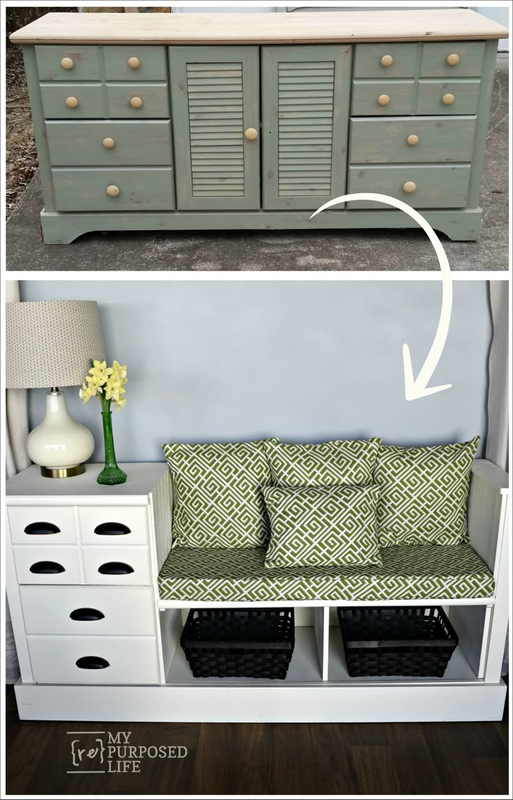 a white shelf with drawers and pillows on it