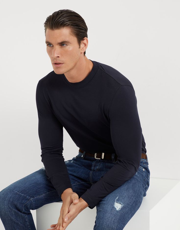 Cotton jersey long sleeve crew neck T-shirt The refined qualities of Brunello Cucinelli materials enrich this long sleeve crew-neck T-shirt, an essential menswear piece. Lightweight cotton jersey offers a soft, smooth, and lightweight texture that is comfortable to wear. The silhouette features regular proportions. Fine Knit Crew Neck T-shirt, Classic Fitted Crew Neck Sweatshirt, Fitted Classic Crew Neck Sweatshirt, Classic Crew Neck Long Sleeve Top For Fall, Fitted Crew Neck Sweatshirt With Ribbed Cuffs, Classic Crew Neck T-shirt With Ribbed Cuffs, Classic Fall T-shirt With Ribbed Cuffs, Classic Ribbed Cuffs T-shirt For Fall, Classic Long Sleeve Fine Knit Sweatshirt