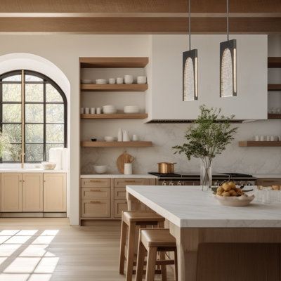 a large kitchen with lots of counter space and wooden cabinets, along with an arched window