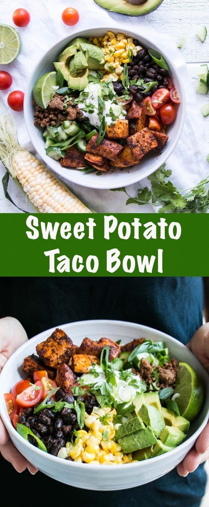 two bowls filled with taco salad and the words sweet potato taco bowl on top