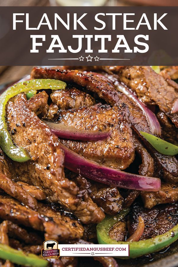 steak fajitas on a plate with onions and peppers in the foreground text reads flank steak fajitas