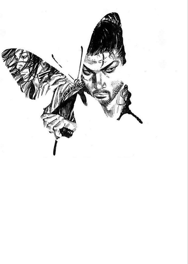 a black and white drawing of a man holding a butterfly