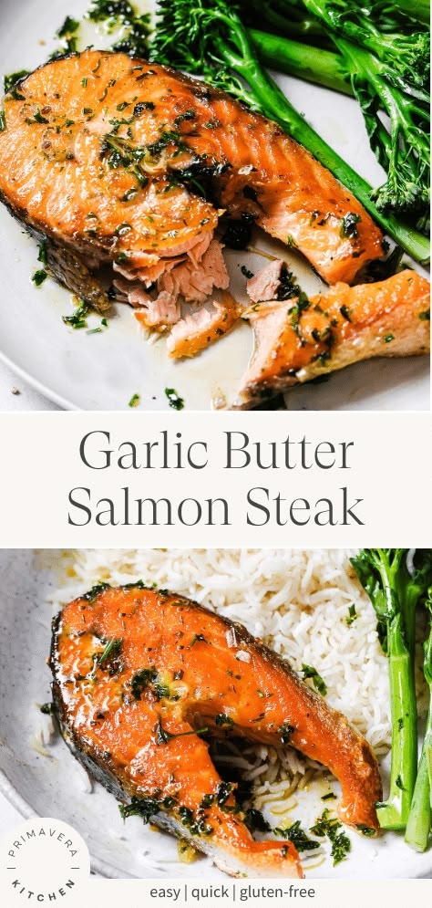 garlic butter salmon steak with white rice and broccoli