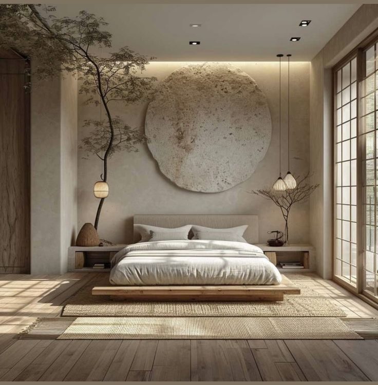 a bedroom with wood floors and a large round painting on the wall above the bed