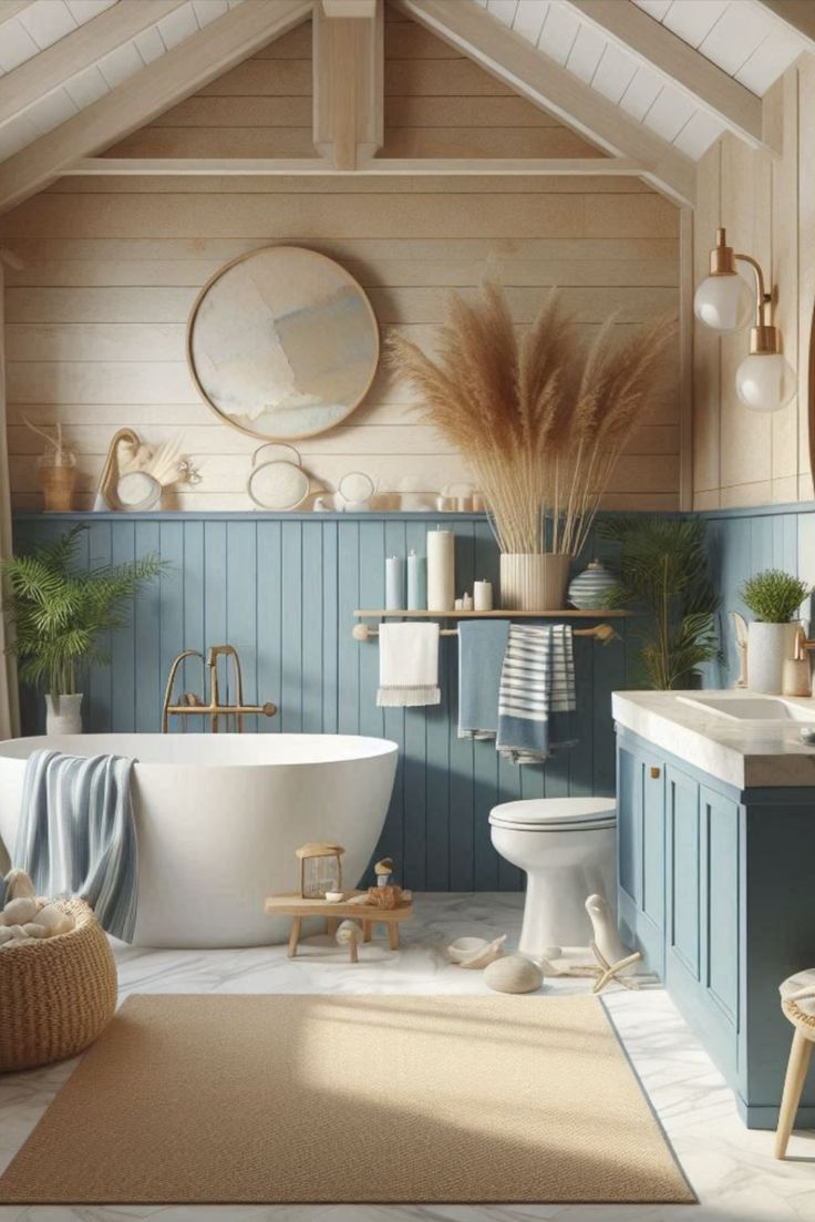 a bathroom with blue and white walls, wooden floors and a large bathtub in the center