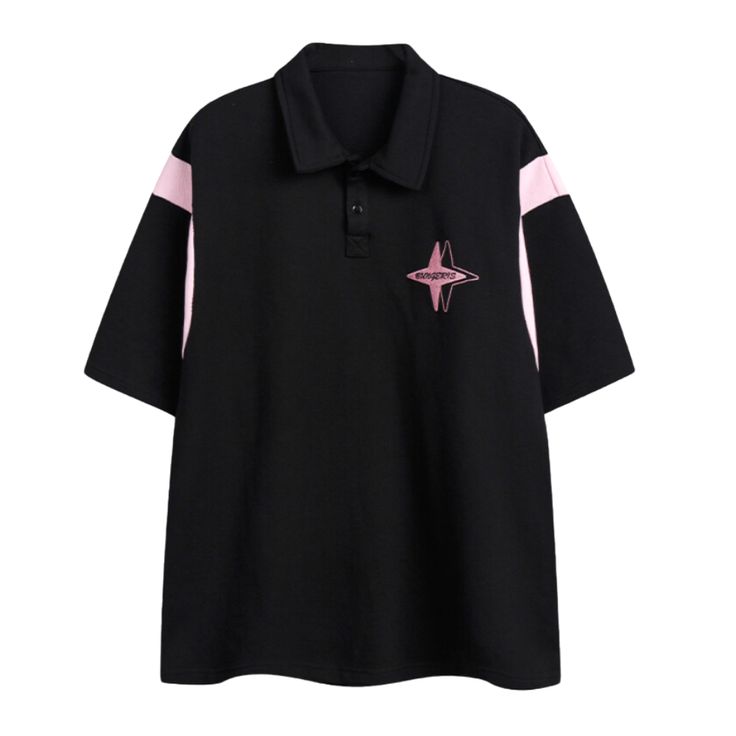 Elevate your wardrobe with our Japanese Letter Embroidery Polo T-shirt. Made with intricate stitching, this shirt showcases traditional Japanese lettering in a modern design. Bring a touch of sophistication to your casual look with this unique and exclusive piece. Features: -100% Cotton -Turndown Collar -Letter embroidery design -Dropped shoulder -Regular fit -Street/casual style Embroidered Black Collared Shirt, Black Embroidered Collared Shirt, Black Polo Shirt With Graphic Print, Black Top With Letter Embroidery For Streetwear, Embroidered Short Sleeve Shirt For Streetwear, Graphic Print Polo Collar Shirt For Streetwear, Black Crew Neck Top With Letter Embroidery, Embroidered Cotton Shirt For Streetwear, Black Cotton T-shirt With Letter Embroidery