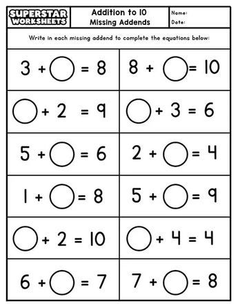 addition to 10 worksheet with the missing addends and subtraction