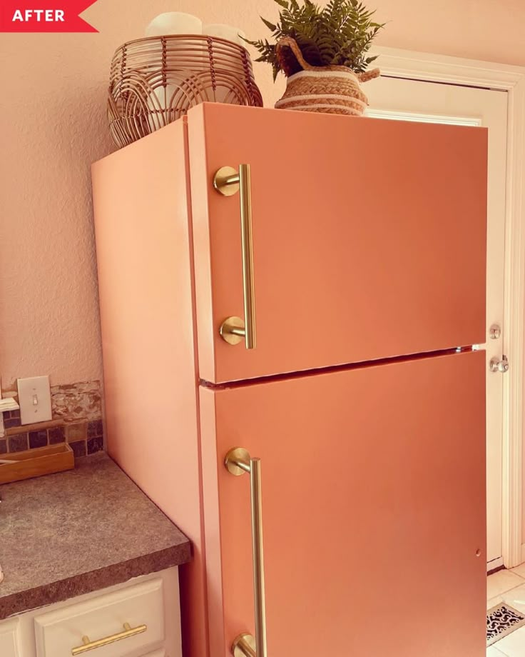 an old pink refrigerator in a kitchen next to a potted plant on top of it