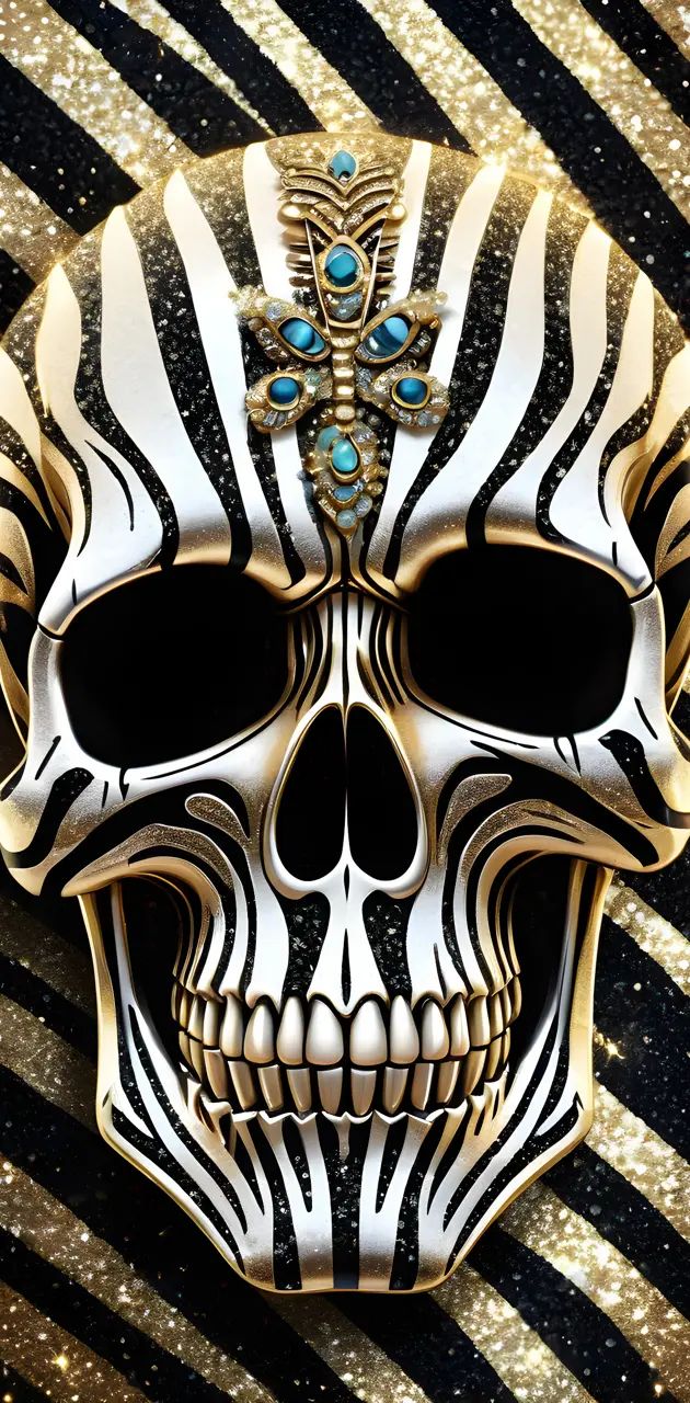 a close up of a skull on a black and white background with gold glitters