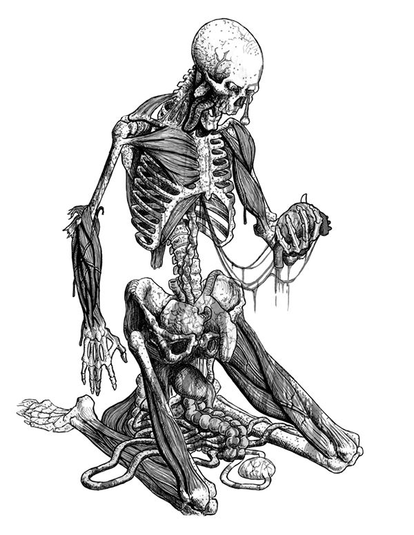 a skeleton sitting on the ground with its legs spread out and hands in his other hand