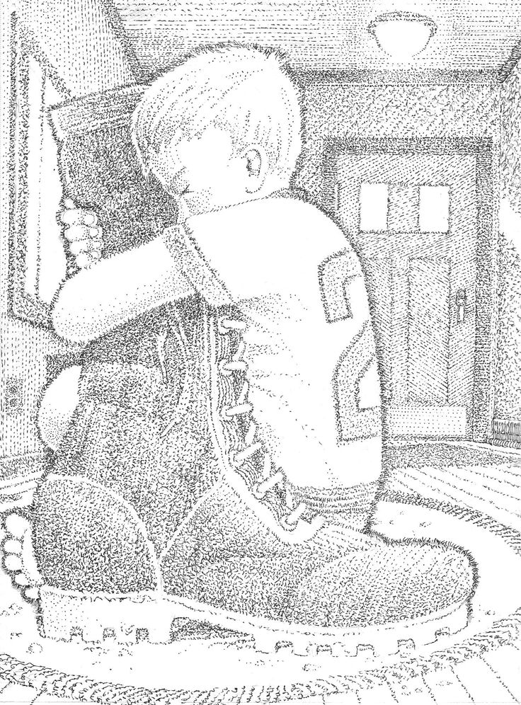 a black and white drawing of a boy in boots