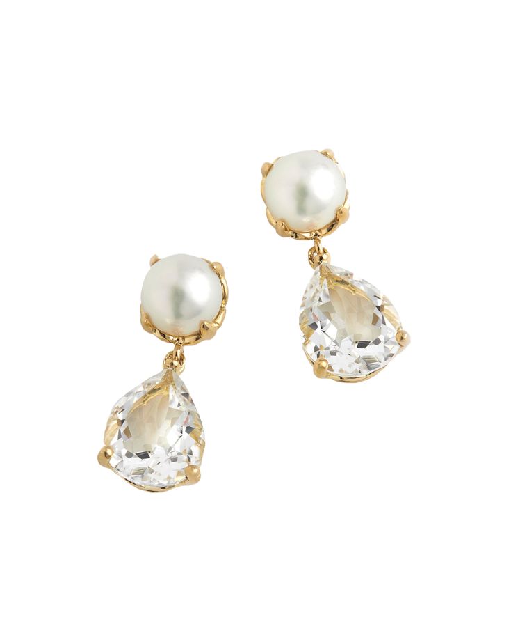 After leaving the New York City Ballet, Jamie Wolf embraced her passion for jewelry design. Her classical dance training manifests itself in the fine details and timeless femininity of her pieces. Handmade in New York City, the Pearl and White Topaz Drop Earring is completely one-of-a-kind. Product Details 18K yellow gold with freshwater pearl and white topaz. Style# YESSFPWTP. Care Instructions Clean with water and mild soap without detergents. Do not expose to heat or light. Keep away from che Elegant Earrings With Timeless Design, Elegant Timeless Earrings For Anniversary, Elegant Pearl Gemstone Earrings For Party, Elegant Gemstone Bridal Earrings For Party, Timeless Bridal Earrings With Elegant Design, Timeless Elegant Bridal Earrings For Formal Occasion, Formal Pearl Earrings With Gemstones, Elegant Pear Shaped Pearl Earrings With Gemstone, Elegant Pearl Gemstone Earrings For Formal Occasions