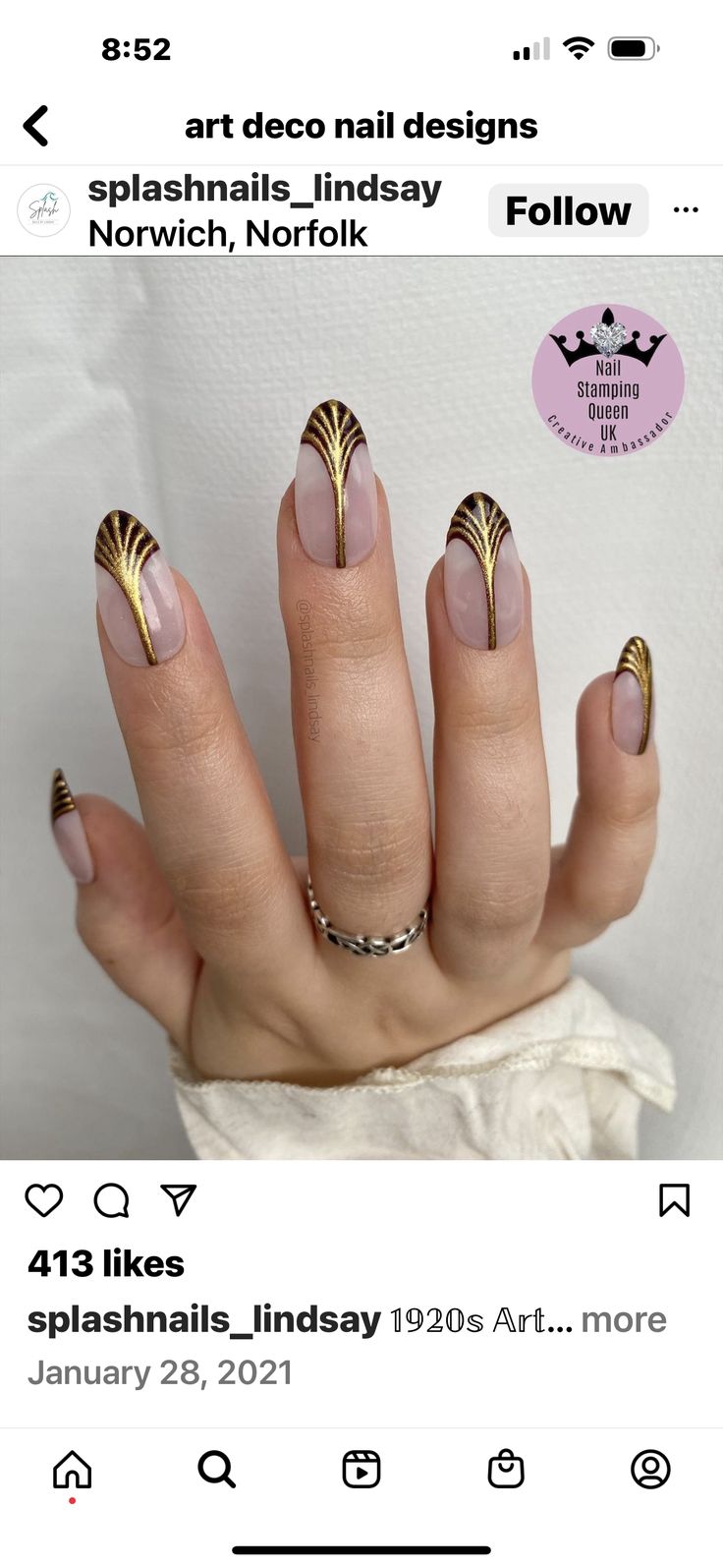 Black And Gold Art Deco Nails, Egyptian Nails Cleopatra, Middle Eastern Nail Designs, Art Deco Manicure, 1920 Nail Designs, 1920s Nail Art, Indiana Jones Nails, Art Deco Wedding Nails, Black And Gold Abstract Nails