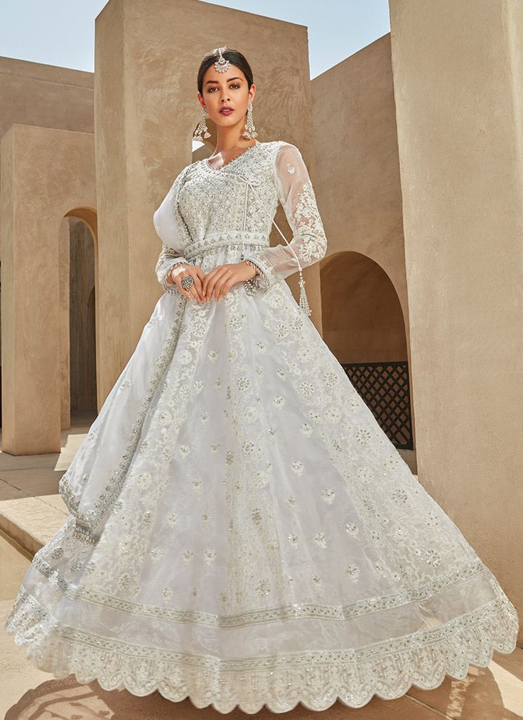 White Thread Embroidered Organza Anarkali – Lashkaraa White Anarkali Designs, Plain White Anarkali, White Organza Dupatta, Organza Anarkali, Anarkali Designs, White Anarkali, Anarkali Gown, Embroidered Organza, Creme Color