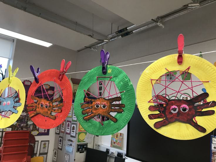 three paper plates are hanging from the ceiling in an art room with artwork on them