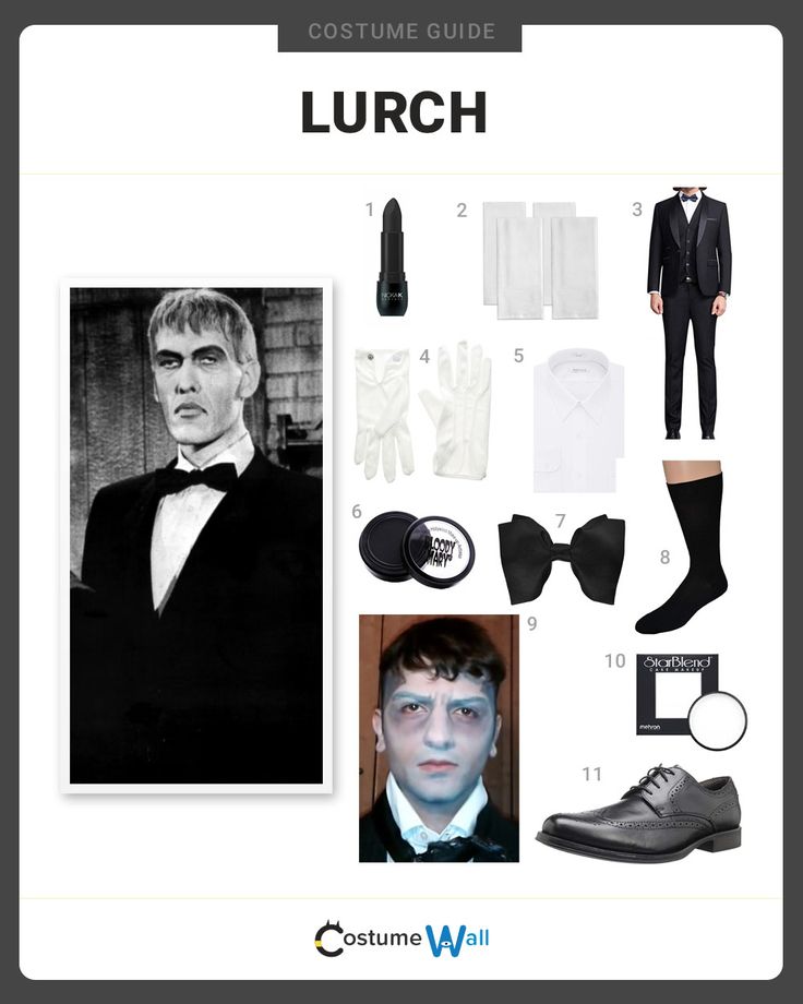 a costume guide for a man in black tuxedo