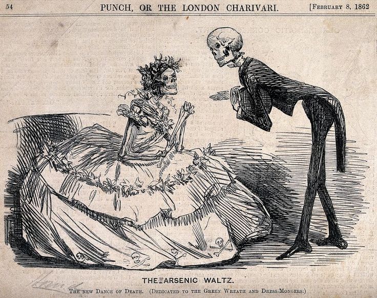 an old fashion illustration shows a skeleton standing next to a woman in a ball gown