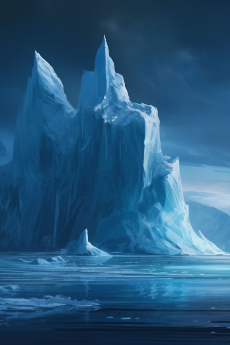 an iceberg floating in the ocean with dark clouds