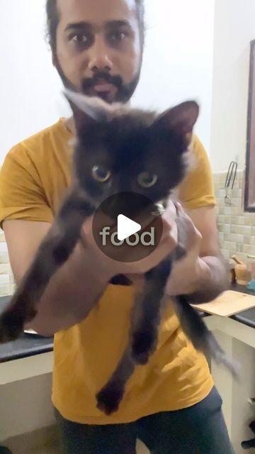 a man holding a black cat up to his face in front of the camera, while wearing a yellow t - shirt