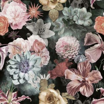 a bunch of flowers that are in the middle of a wallpaper pattern on a black background