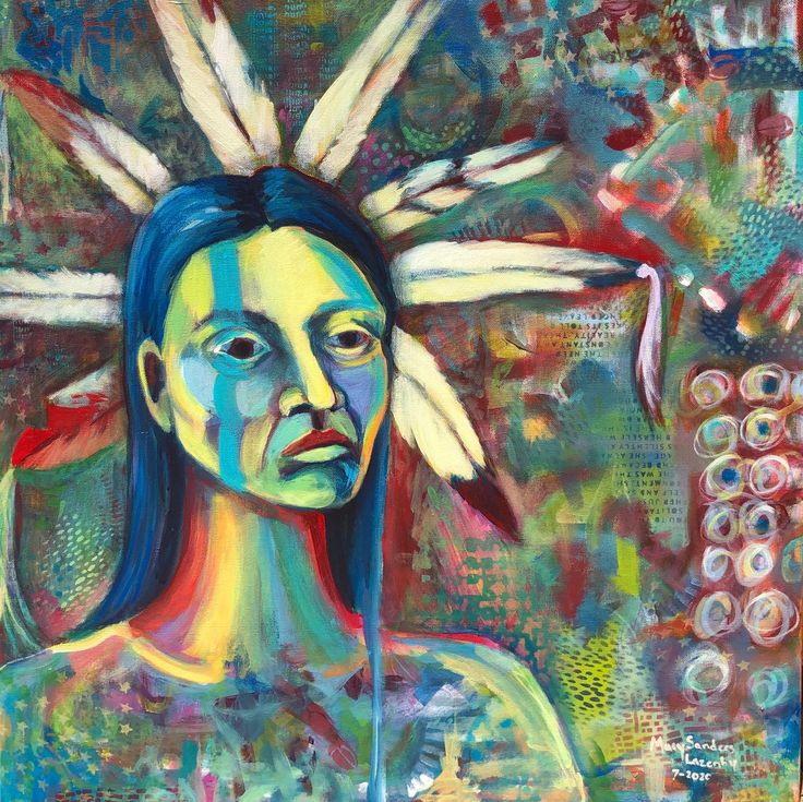 a painting of a woman with feathers on her head