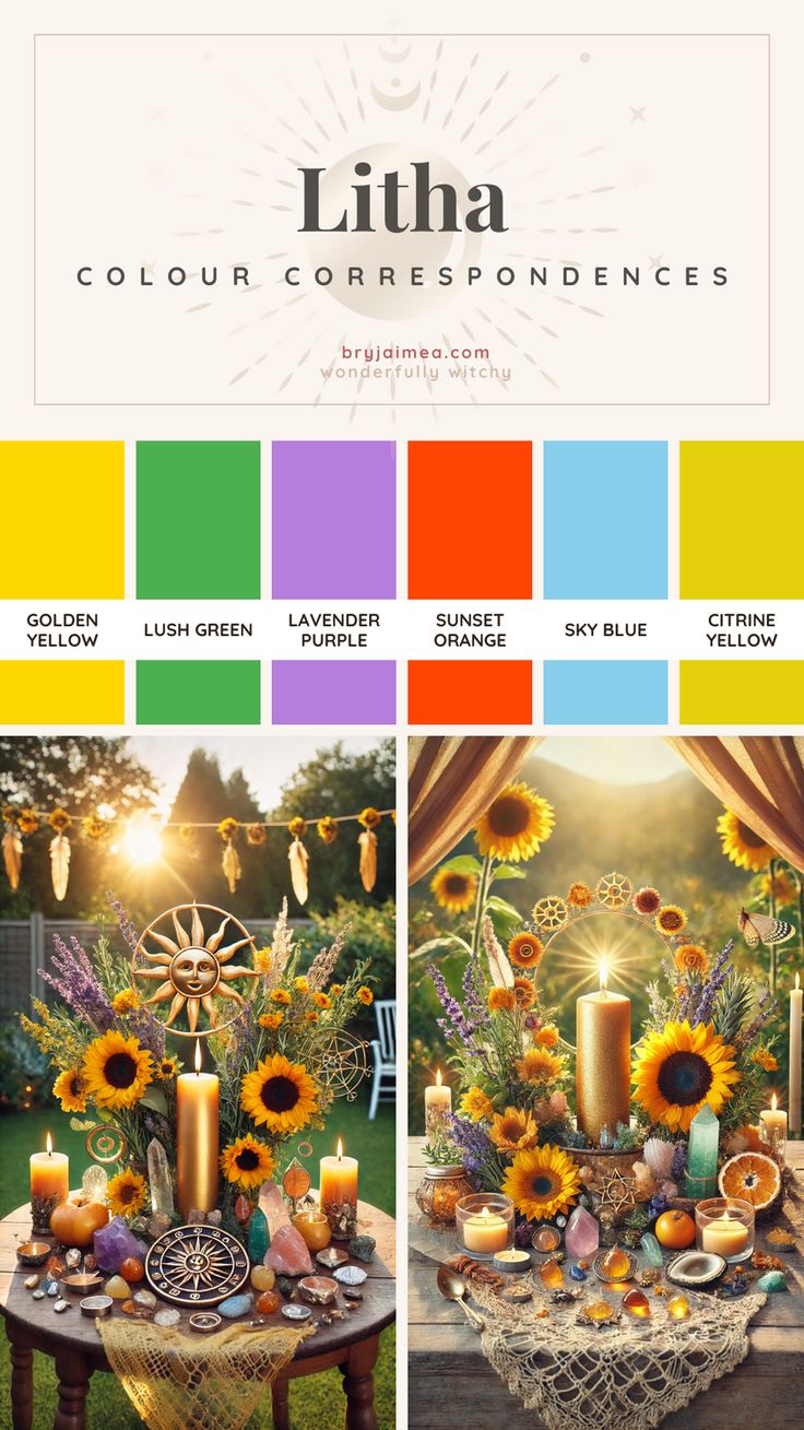 a table with sunflowers, candles and other items on it in different colors