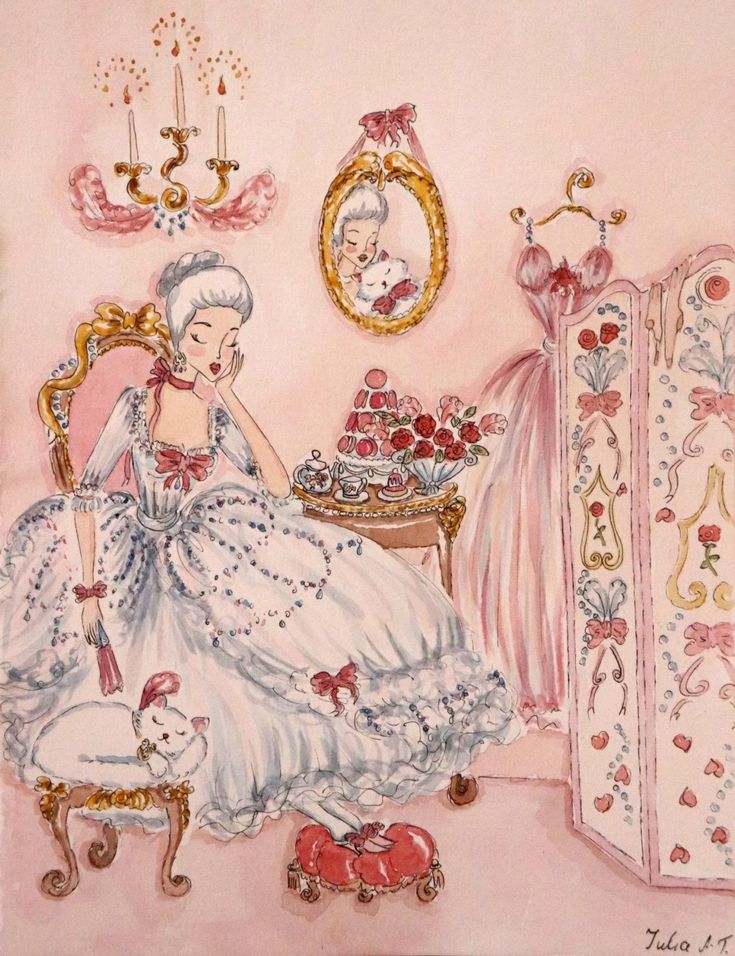 a painting of a woman sitting in a chair next to a table with a cake on it