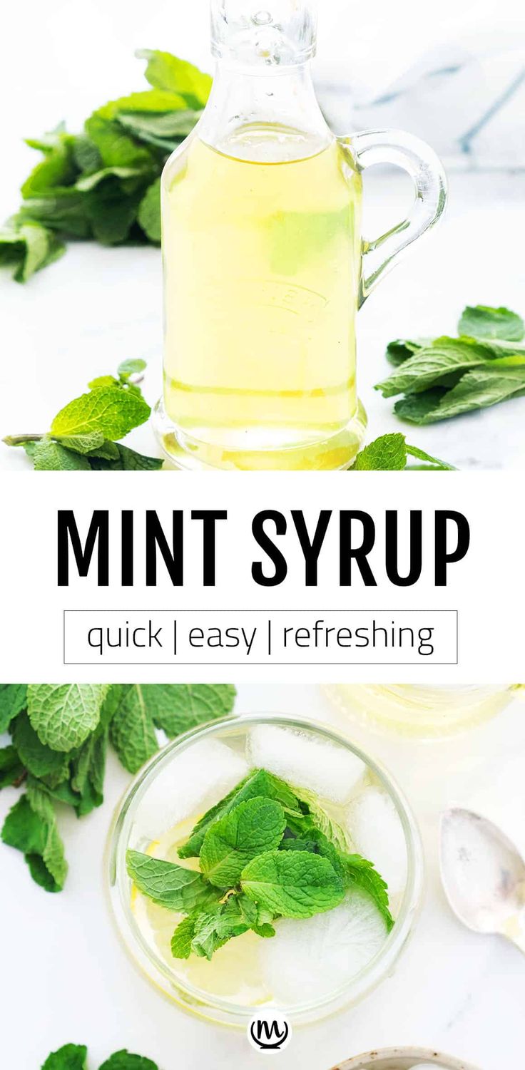 mint syrup in a glass pitcher with fresh mint leaves around it and the text overlay reads, mint syrup quick easy refreshing