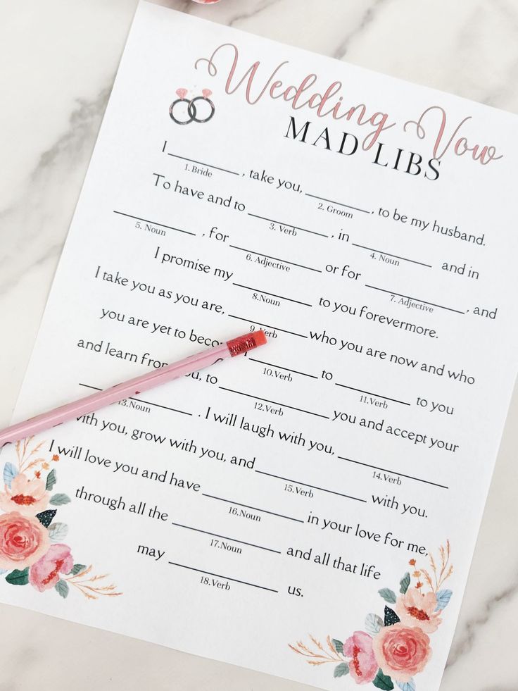 a wedding mad libs game with a pen on it