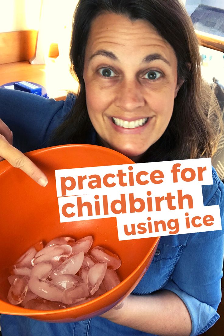 a woman holding an orange bowl filled with meat and text reading practice for child birth using ice