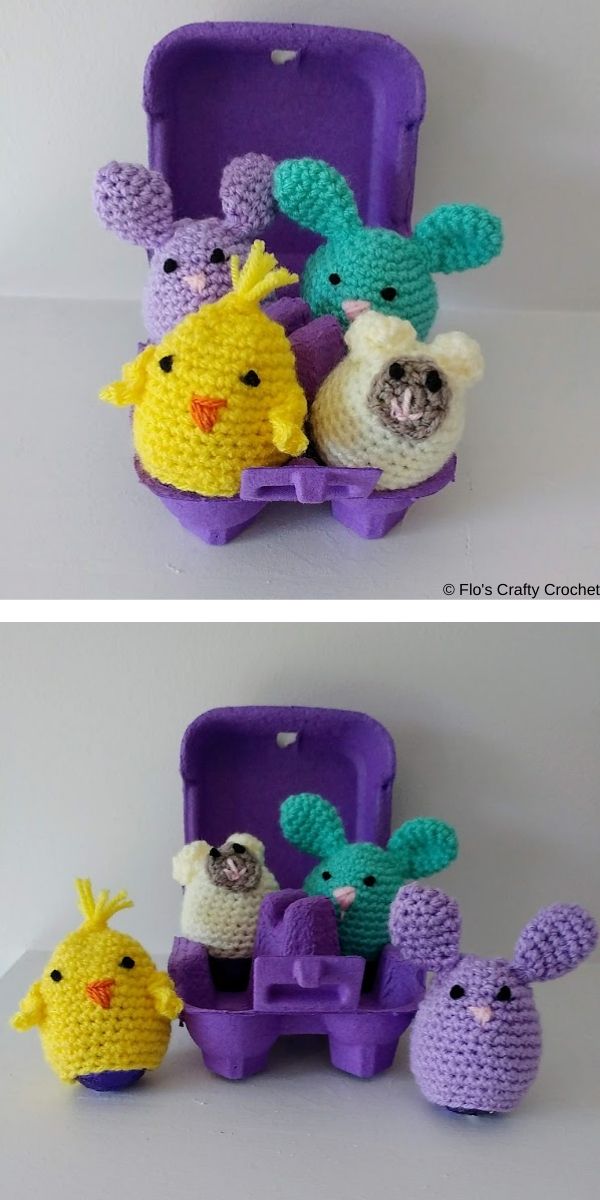 crocheted animals are sitting in an egg carton