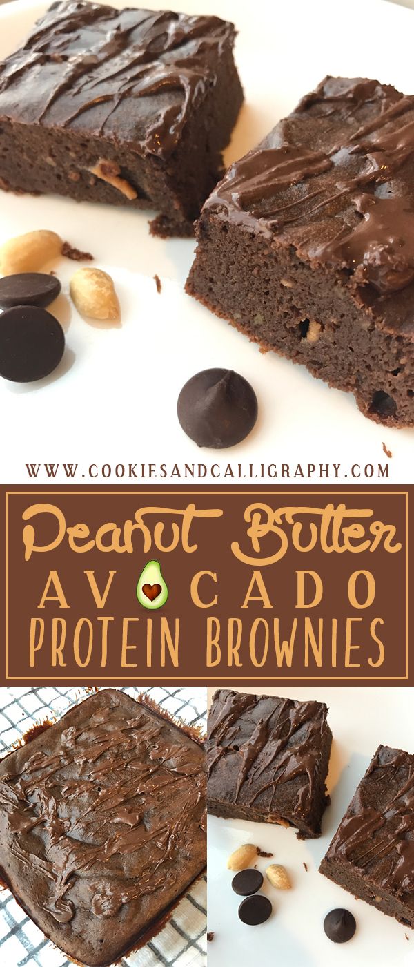 chocolate peanut butter avocado protein brownies on a cooling rack with the words, peanut butter avocado protein brownies