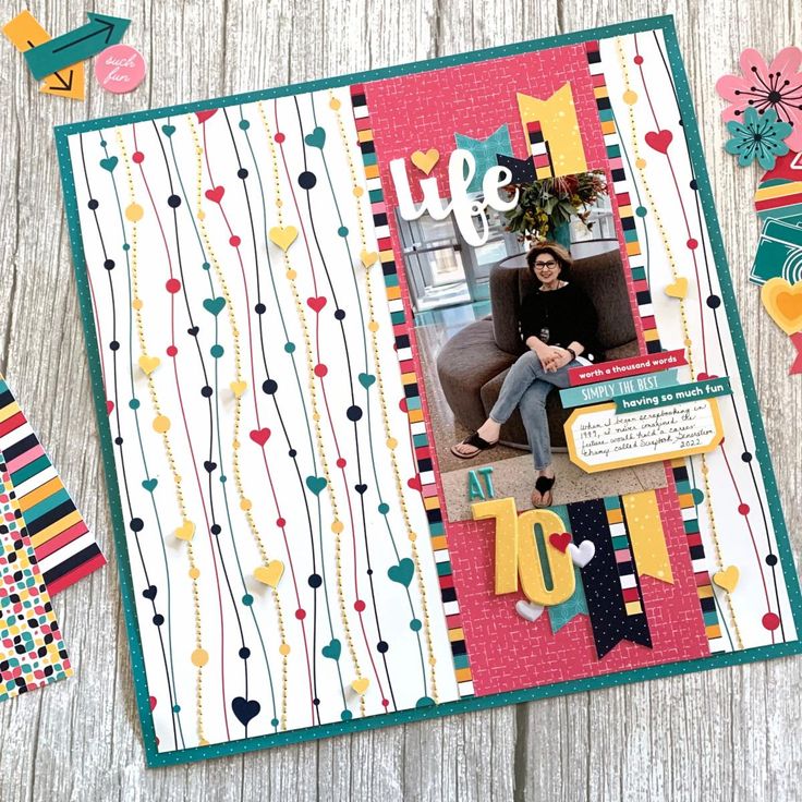 a scrapbook page with an image of a woman sitting in a chair