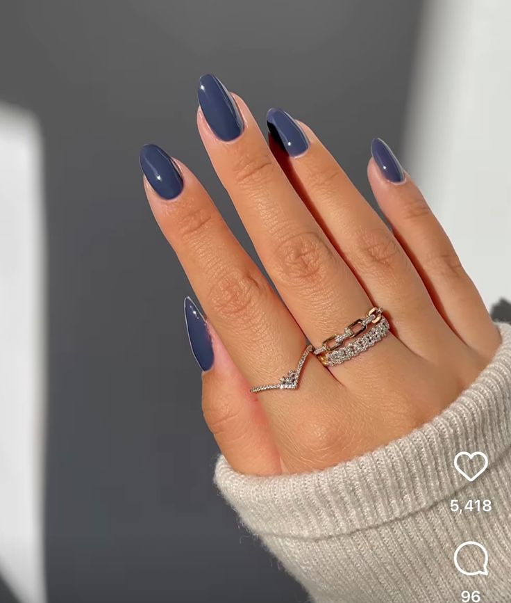 Basic Nails Colors Simple, Simple Nail Inspo Solid Color, Cool Toned Blue Nails, Dark Blue Glossy Nails, Fun Nail Colors Winter, Almond Nails Winter Colors 2023, Simple Spring Nail Colors, Almond Nails Designs Solid Colors, Navy Grey Nails