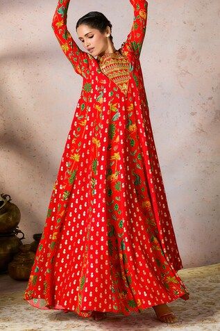 Red anarkali featuring tropical print and embroidered yoke. Paired with a dupatta adorned with sequin and thread embroidered border., Fit: Relaxed Red Anarkali, Embroidered Border, Women Kurta, Tropical Print, Aza Fashion, Anarkali, Silk Printing, Sequin, Thread