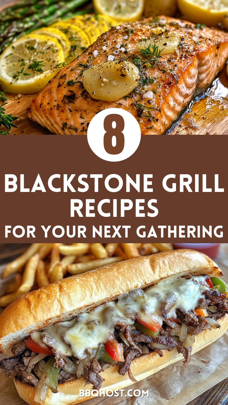 some grilled fish and vegetables on a cutting board with the title 8 blackstone grill recipes for your next gathering